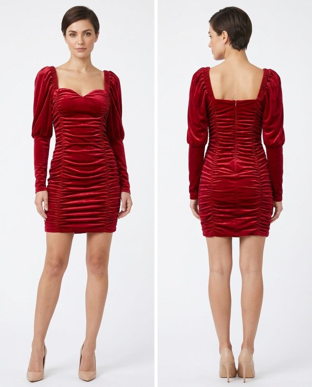 Fashion Nova Red Ruched Velvet Bodycon Long Sleeve Dress Women Size S